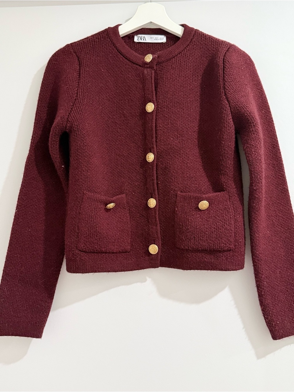 Zara Wine Red Knit Button Cardigan with Gold Button
